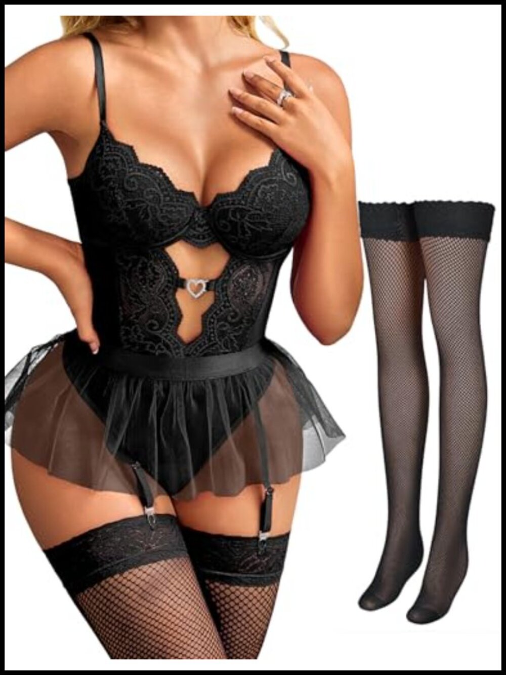 Womens Lace Bodysuit Lingerie Set Detachable Mesh Mini Skirt Garter 4pc